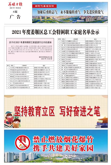 2021年度姜堰区总工会特困职工家庭名单公示--姜堰日报