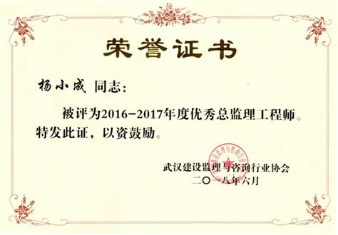 2016-2017年度武汉市优秀总监理工程师杨小成-湖北百顺工程监理咨询