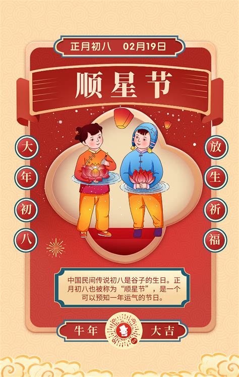 喜庆中国风正月初八顺星节年俗手机海报