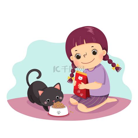 一个小女孩在家里喂猫的图片。孩子们在家做家务活的观念.素材图片免费下载-千库网