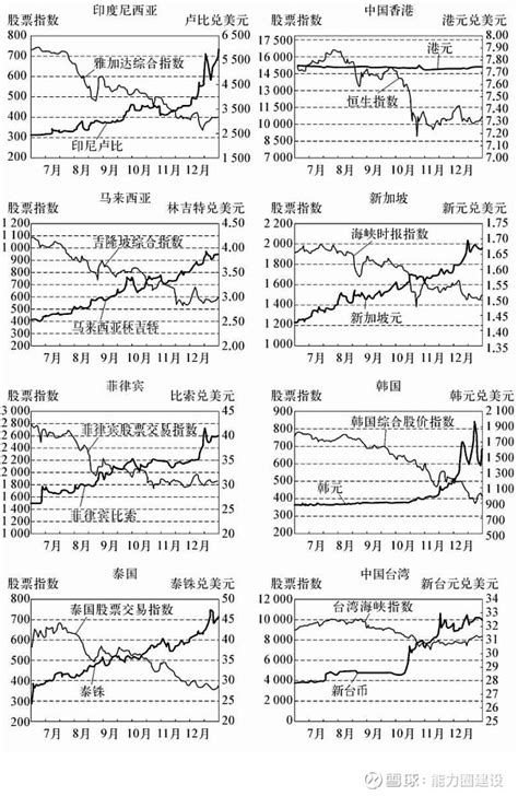 令人注目的1997年——亚洲金融危机 下图展示了亚洲四小虎和四小龙货币和股票指数（1997年7～12月）：到1997年12月底，遭受危机打击的 ...