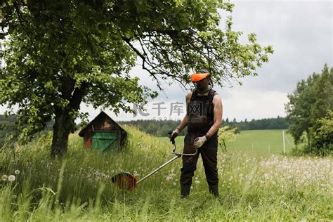 男子在花园或后院用汽油草坪修剪机割草。高清摄影大图-千库网