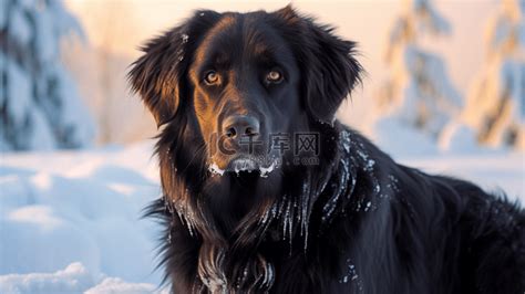 一只黑狗正坐在雪地里高清摄影大图-千库网