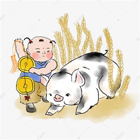 2019猪年中国风水墨年画福娃猪素材图片免费下载_高清psd_千库网(图片编号11545094)