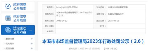 辽宁省本溪市市场监管局2023年行政处罚公示（2.6）-中国质量新闻网
