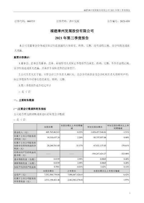 漳州发展：2021年第三季度报告