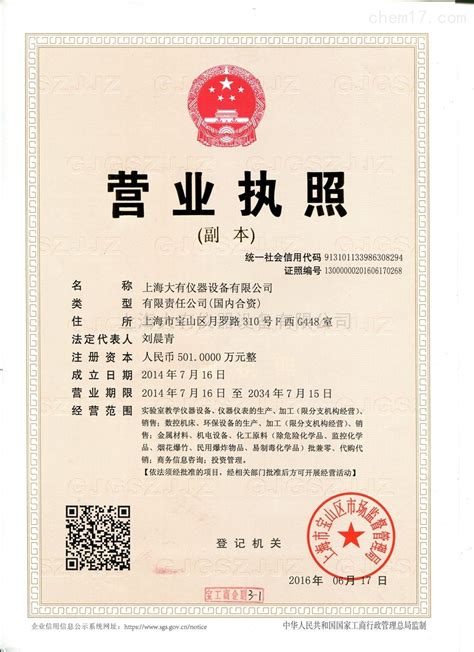 营业执照-公司档案-上海大有仪器设备有限公司