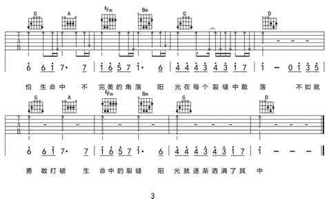 裂缝中的阳光 C调原版 林俊杰 吉他谱 和弦谱