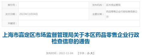 上海市嘉定区市场监督管理局关于本区药品零售企业行政检查信息的通告（2022年10月）-中国质量新闻网