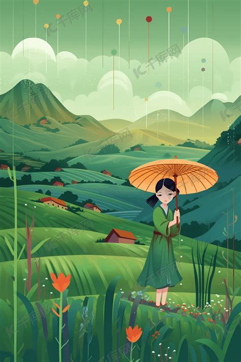 春天春季人物下雨雨水谷雨田园插画图片-千库网