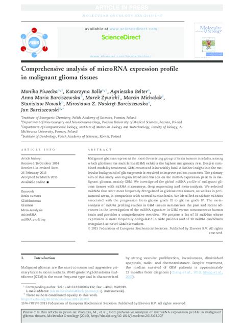 (PDF) Comprehensive analysis of microRNA expression profile in ...