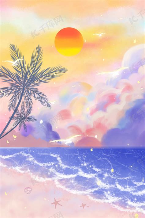 夏天清凉海边卡通手绘沙滩背景H5背景图片免费下载-千库网