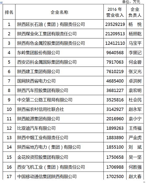 2017陕西100强企业排行榜