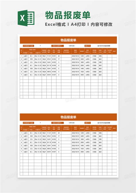 通用物品报废单Excel模板下载_熊猫办公