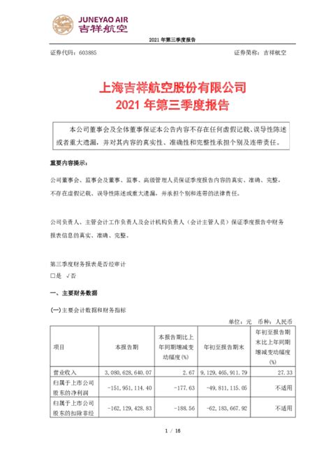 吉祥航空：上海吉祥航空股份有限公司2021年第三季度报告