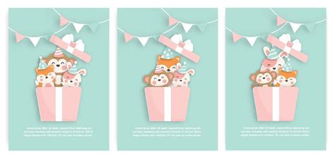 conjunto de cartões de aniversário com raposa, macaco e tigre fofos em ...