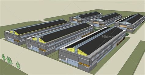 现代工业厂区厂房建筑设计su模型[原创] - SketchUp模型库 - 毕马汇 Nbimer