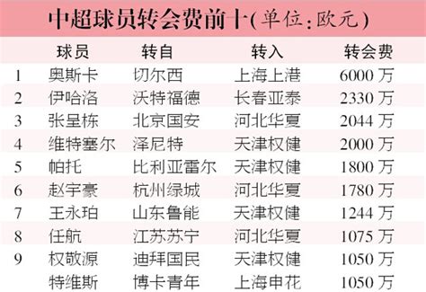 中超内外援转会身价再创新高 冬季转会费是西甲16倍_运动汇_新民网