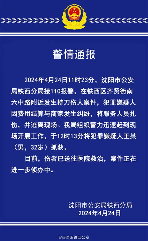 沈阳铁西区发生一起持刀伤人案，犯罪嫌疑人已被抓获 - 西部网（陕西新闻网）