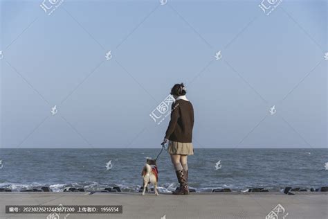 女人在城市公园里牵着狗在户外散步高清图片下载-正版图片503606939-摄图网