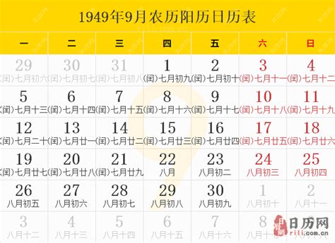 1949年日历表,1949年农历表（阴历阳历节日对照表） - 日历网