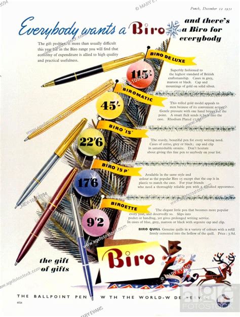 Advertisement for the Biro ballpoint pen, showing different pens at different prices, Stock ...