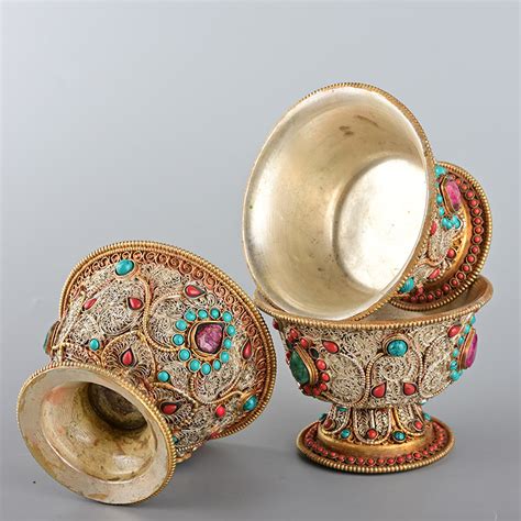尼泊尔手工掐丝供水碗雕花镶宝石铜水碗藏式敬佛供杯七支套装_虎窝淘