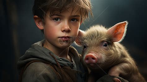 抱着一头猪的男孩高清图片下载-正版图片600603706-摄图网