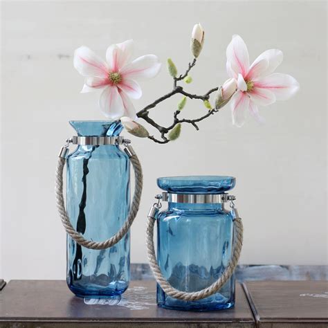 批发 美式蓝色圆点麻绳花瓶玻璃 彩色水培花器多款可选-阿里巴巴