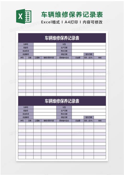 实用车辆维修保养记录表Excel模板下载_熊猫办公