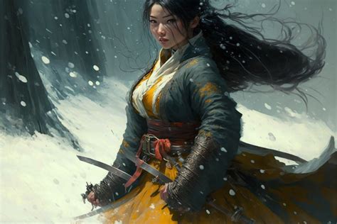 在大雪纷飞中舞剑的女剑客 - 手机壁纸图片，壁纸图片