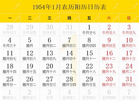 1954年日历表,1954年农历表（阴历阳历节日对照表） - 日历网