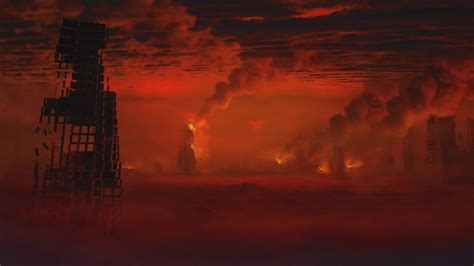 启示录系列。红色的天空和燃烧的城市，被大火、烟雾和飞溅的碎片所覆盖。灾难、核战争或小行星撞击景观。电影,电影的场景。—高清视频下载、购买_视觉 ...