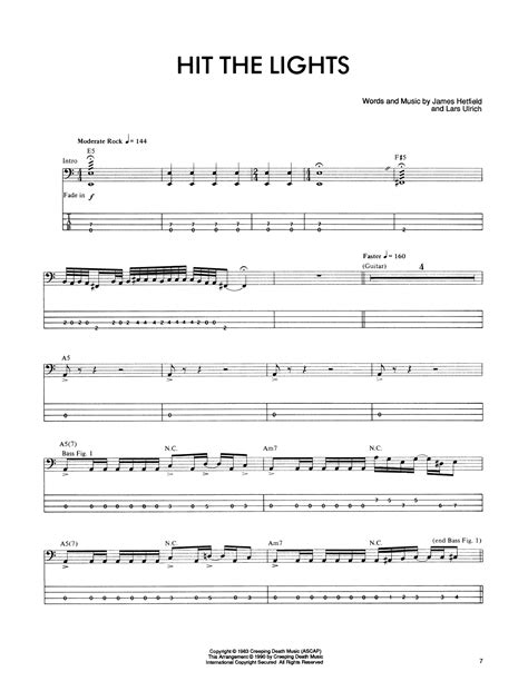 Hit The Lights Sheet Music | Metallica | Bass Guitar Tab