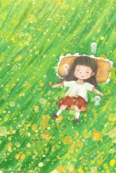春天春景春主题之躺在草坪上治愈系场景插画图片-千库网
