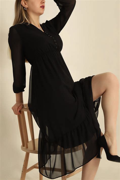 Siyah Astarlı Düğmeli Şifon Elbise 248884 | ModamızBir | Modamizbir.Com