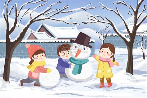 冬天小伙伴堆雪人插画图片下载-正版图片400849895-摄图网