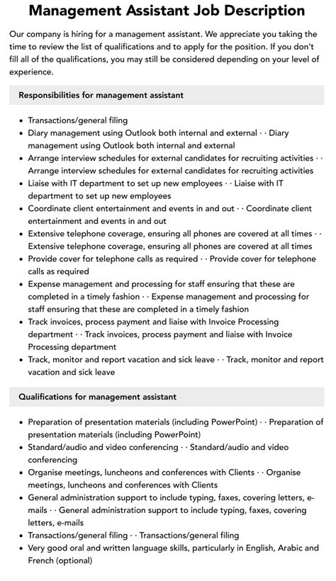 Management Assistant Job Description | Velvet Jobs