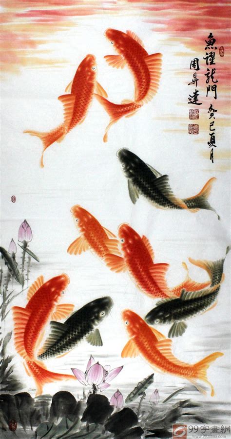 工笔鲤鱼国画 - 九鱼图 - 99字画网
