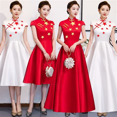 新款迎宾礼仪旗袍高端红色走秀演出服中国风合唱舞台周年庆礼服裙 - 三坑日记