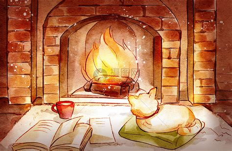 水彩火炉边的小猫插画图片下载-正版图片401884042-摄图网