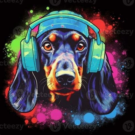a close up of a dog wearing headphones on a black background ...