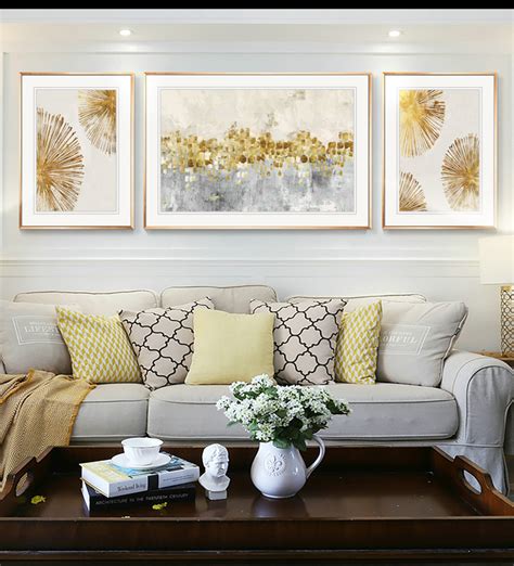 美式客厅三联画现代简约沙发背景墙壁画简美轻奢风装饰画餐厅挂画-美间设计