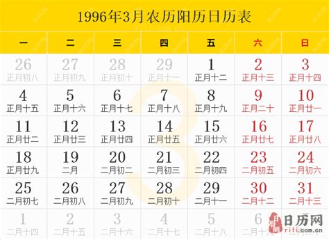 1996年农历阳历表,1996年日历表,1996年黄历 - 日历网