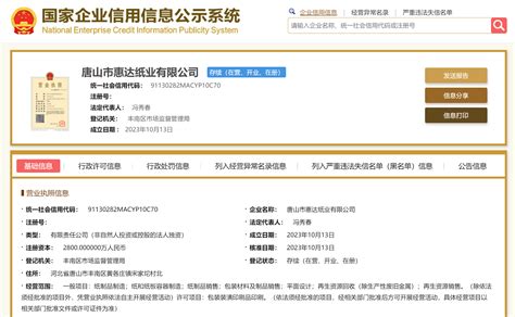 惠达卫浴于唐山成立纸业公司，注册资本2800万元 - 博弈教育网