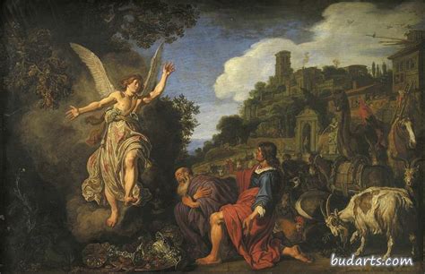 天使拉斐尔离开了老托比特和他的儿子托比亚斯 - Pieter Lastman - 画园网