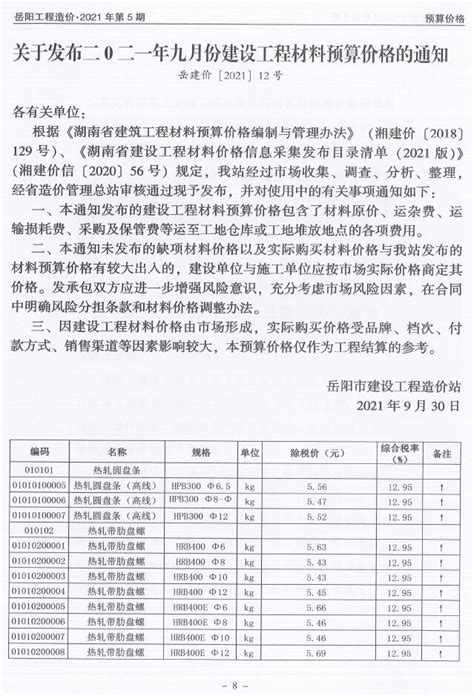 岳阳市2021年5月信息价PDF扫描件电子版下载 - 造价库