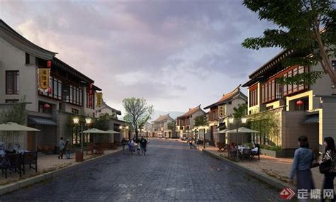 中式风格商业步行街建筑景观-商业街步行街沿街商铺街道-设计师图库