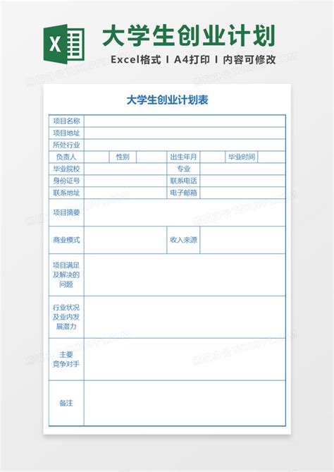 大学生创业计划表Excel模板下载_熊猫办公