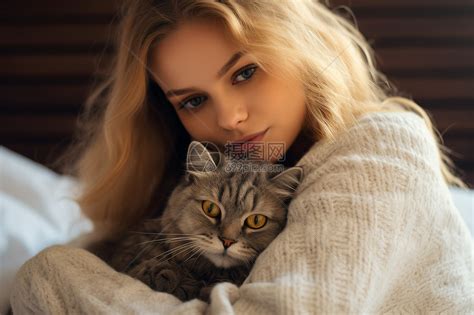 躺在床上的女人抱着猫高清图片下载-正版图片600777462-摄图网